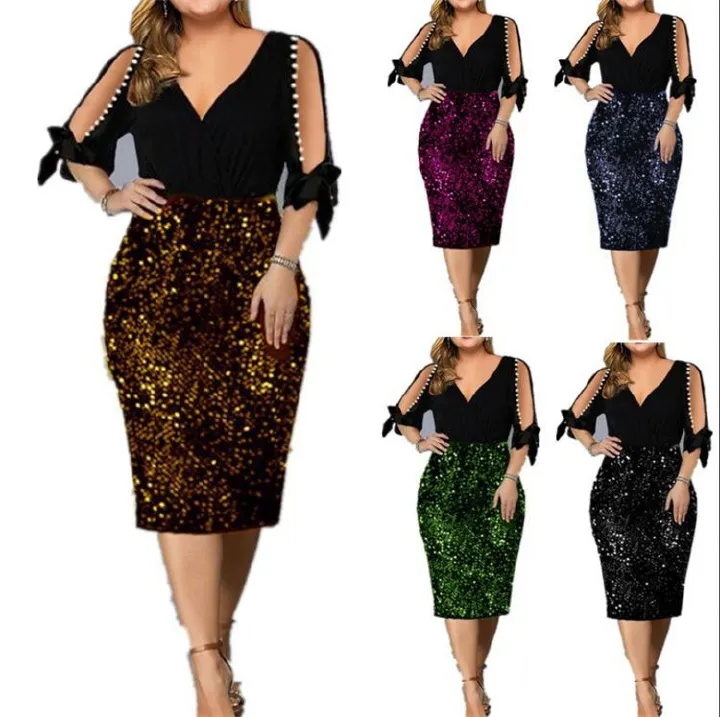 Plus Size Women's Clothing Women's V-neck personality Sequin design large dress