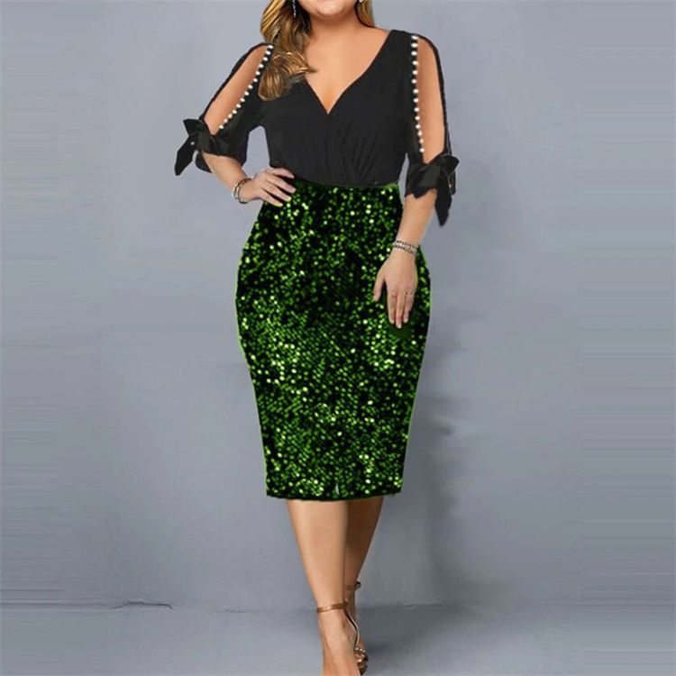 Plus Size Women's Clothing Women's V-neck personality Sequin design large dress
