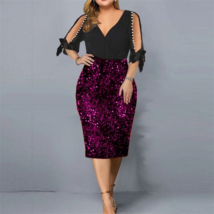 Plus Size Women's Clothing Women's V-neck personality Sequin design large dress