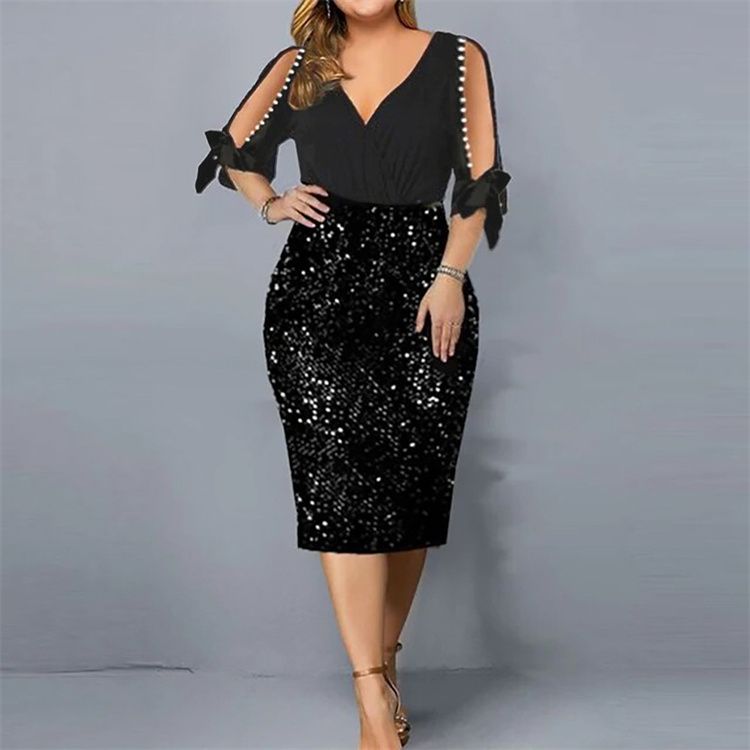 Plus Size Women's Clothing Women's V-neck personality Sequin design large dress