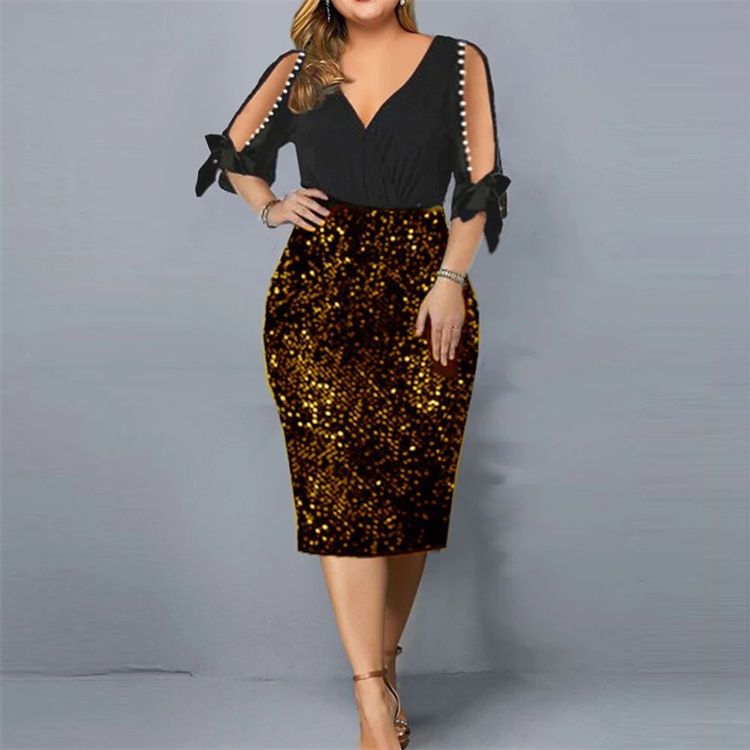 Plus Size Women's Clothing Women's V-neck personality Sequin design large dress