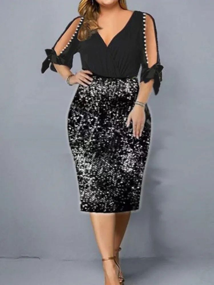 Plus Size Women's Clothing Women's V-neck personality Sequin design large dress