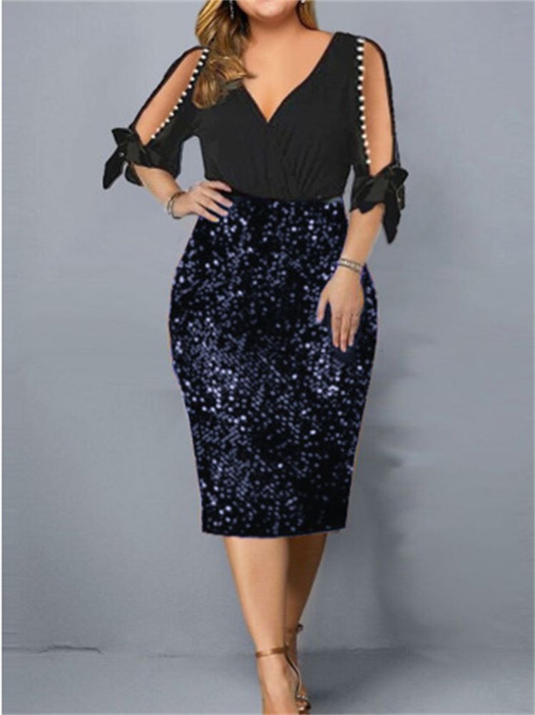 Plus Size Women's Clothing Women's V-neck personality Sequin design large dress