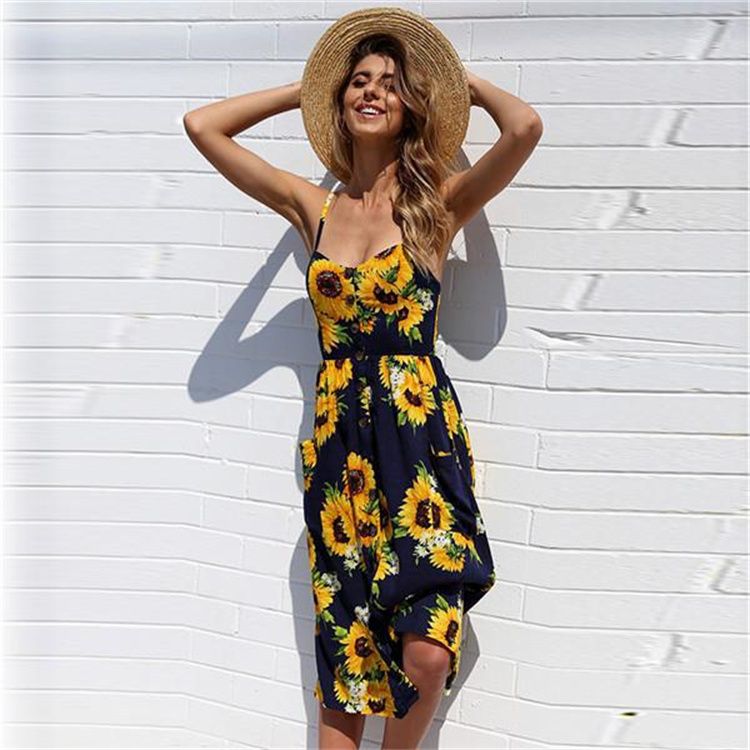 New Summer Sunflower Pineapple Pattern Printing Sexy Dress