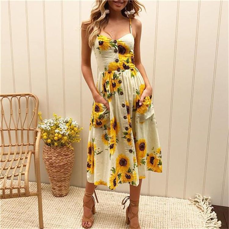 New Summer Sunflower Pineapple Pattern Printing Sexy Dress