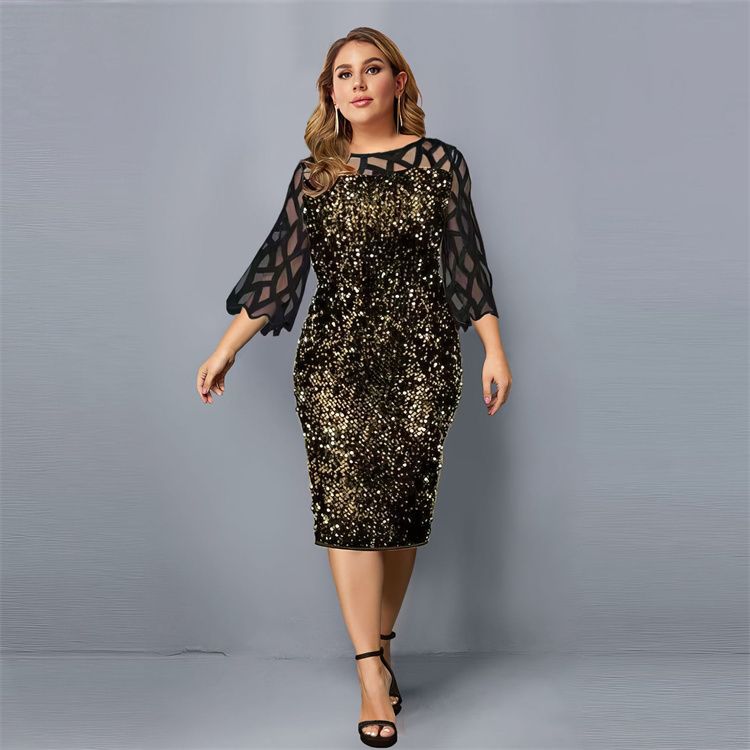 Party Dress Plus Size Ladies Midi Sequin Mesh Long Sleeve Lace Elegant Big Size Evening Dresses