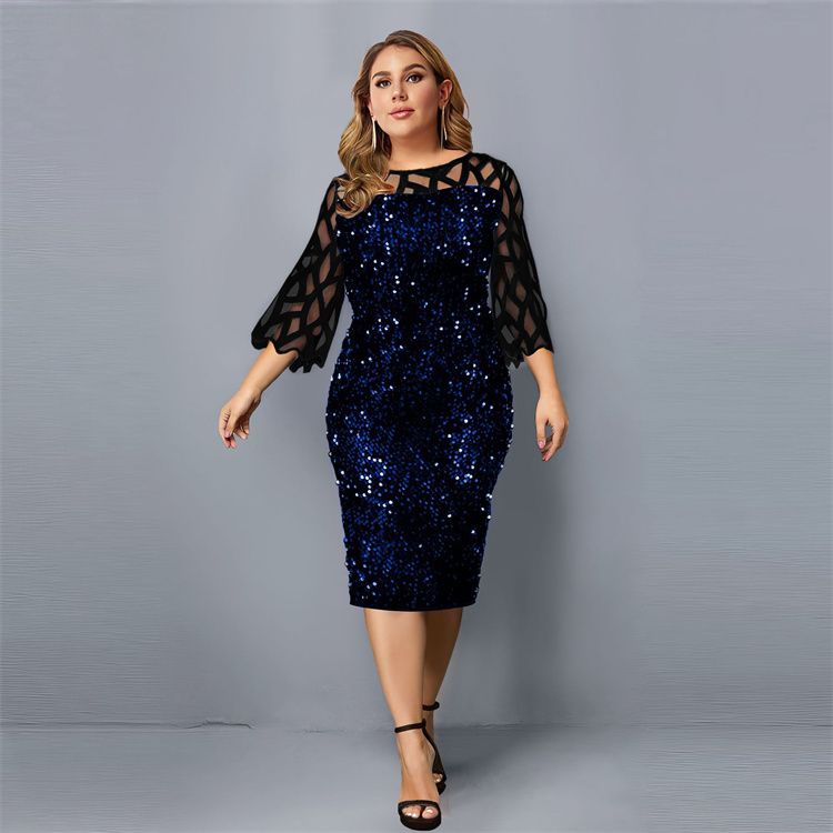 Party Dress Plus Size Ladies Midi Sequin Mesh Long Sleeve Lace Elegant Big Size Evening Dresses