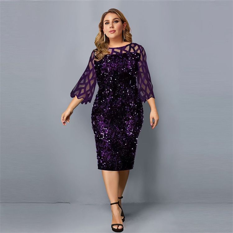 Party Dress Plus Size Ladies Midi Sequin Mesh Long Sleeve Lace Elegant Big Size Evening Dresses