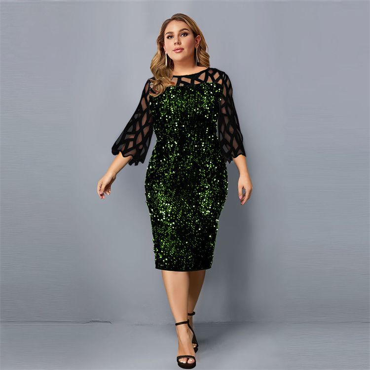 Party Dress Plus Size Ladies Midi Sequin Mesh Long Sleeve Lace Elegant Big Size Evening Dresses