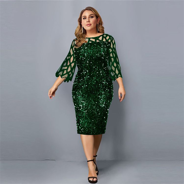 Party Dress Plus Size Ladies Midi Sequin Mesh Long Sleeve Lace Elegant Big Size Evening Dresses