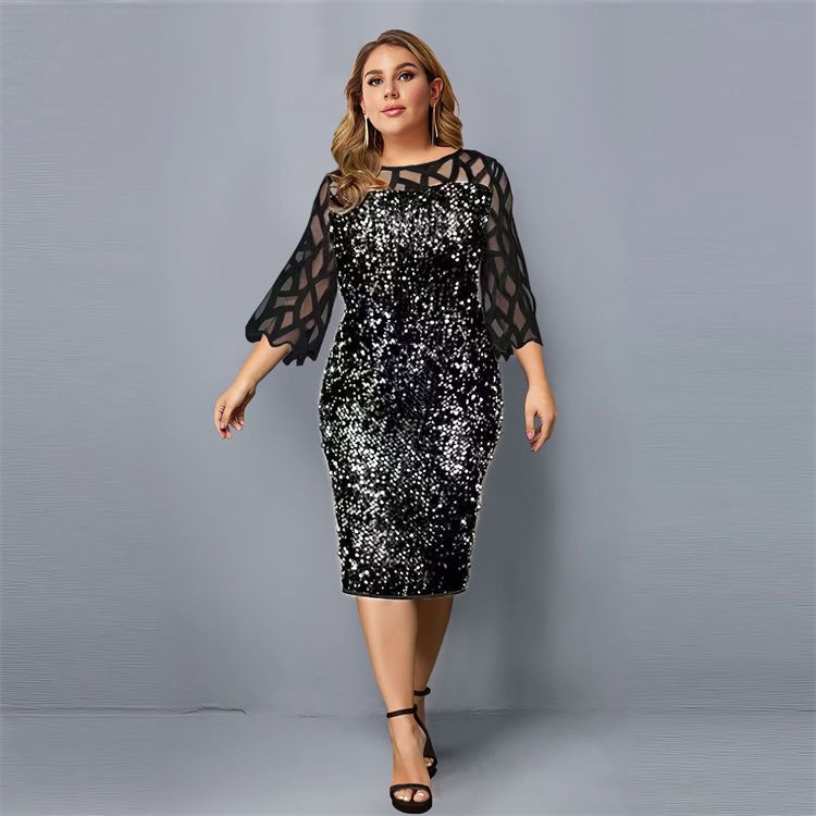 Party Dress Plus Size Ladies Midi Sequin Mesh Long Sleeve Lace Elegant Big Size Evening Dresses