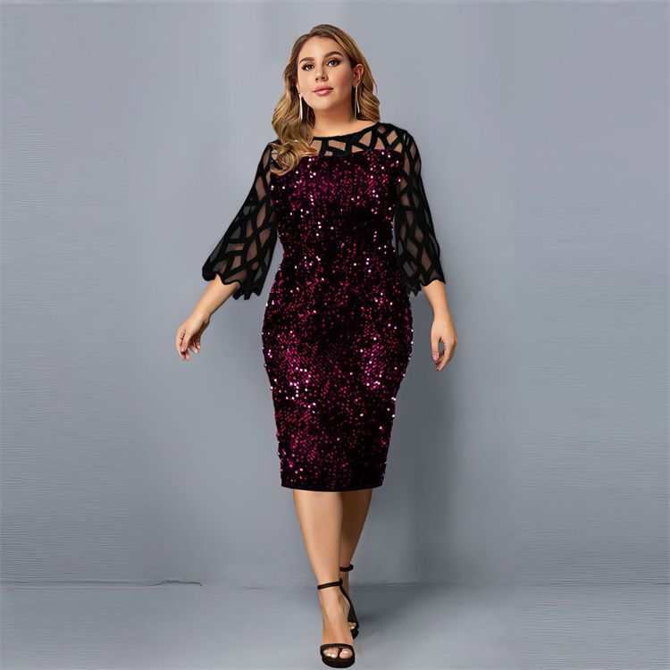 Party Dress Plus Size Ladies Midi Sequin Mesh Long Sleeve Lace Elegant Big Size Evening Dresses