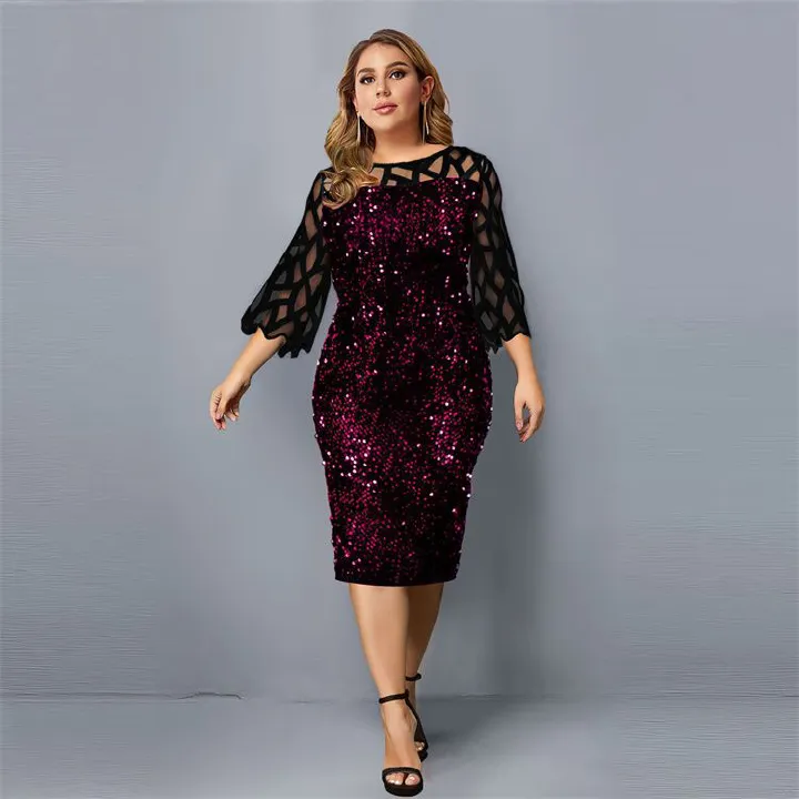 Party Dress Plus Size Ladies Midi Sequin Mesh Long Sleeve Lace Elegant Big Size Evening Dresses