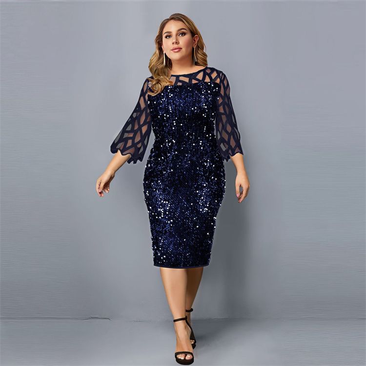 Party Dress Plus Size Ladies Midi Sequin Mesh Long Sleeve Lace Elegant Big Size Evening Dresses