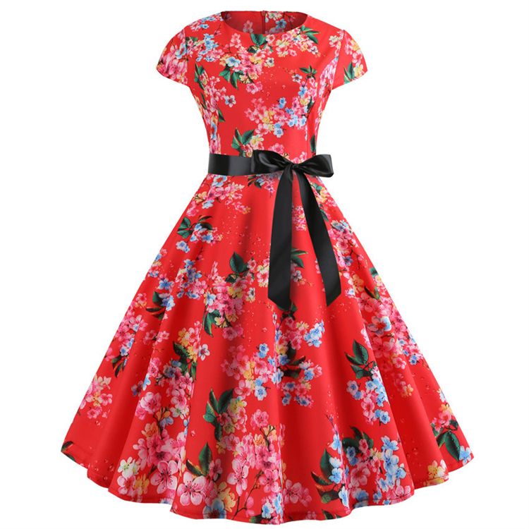 New Vintage Printed Short Sleeve Hepburn Pattern Women Dresses Lace Up Lady Evening Dress Girls Party Medium Big Swing Skirt