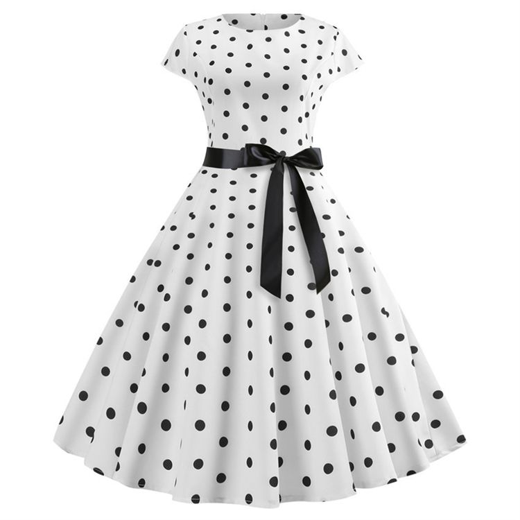 New Vintage Printed Short Sleeve Hepburn Pattern Women Dresses Lace Up Lady Evening Dress Girls Party Medium Big Swing Skirt