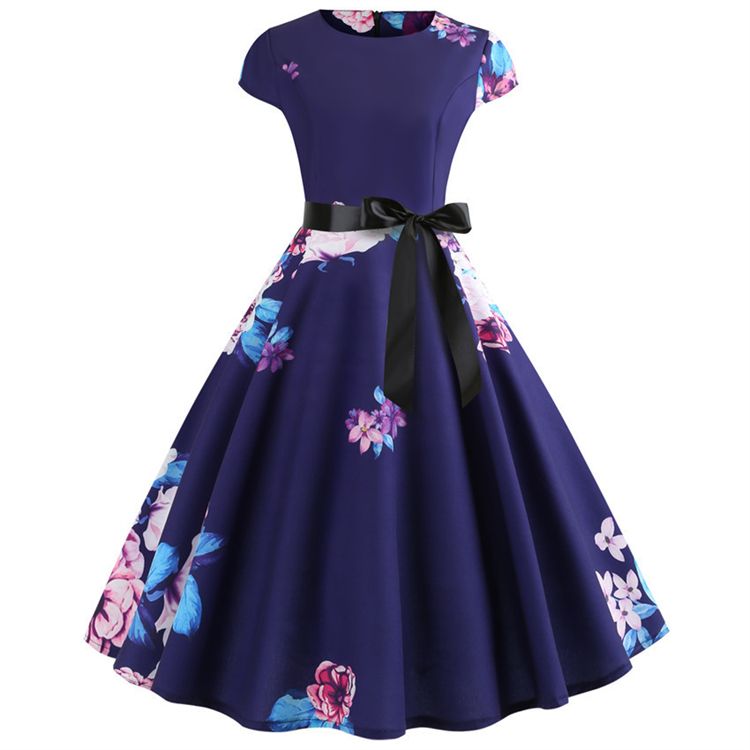 New Vintage Printed Short Sleeve Hepburn Pattern Women Dresses Lace Up Lady Evening Dress Girls Party Medium Big Swing Skirt