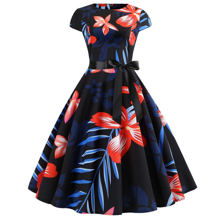 New Vintage Printed Short Sleeve Hepburn Pattern Women Dresses Lace Up Lady Evening Dress Girls Party Medium Big Swing Skirt