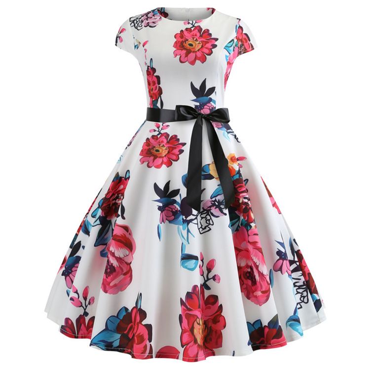 New Vintage Printed Short Sleeve Hepburn Pattern Women Dresses Lace Up Lady Evening Dress Girls Party Medium Big Swing Skirt