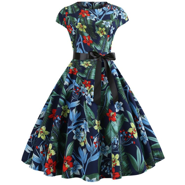 New Vintage Printed Short Sleeve Hepburn Pattern Women Dresses Lace Up Lady Evening Dress Girls Party Medium Big Swing Skirt