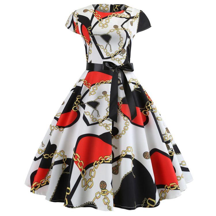 New Vintage Printed Short Sleeve Hepburn Pattern Women Dresses Lace Up Lady Evening Dress Girls Party Medium Big Swing Skirt