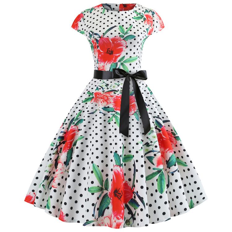 New Vintage Printed Short Sleeve Hepburn Pattern Women Dresses Lace Up Lady Evening Dress Girls Party Medium Big Swing Skirt