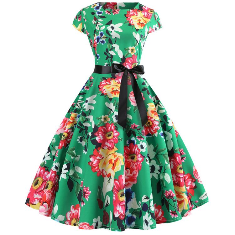 New Vintage Printed Short Sleeve Hepburn Pattern Women Dresses Lace Up Lady Evening Dress Girls Party Medium Big Swing Skirt