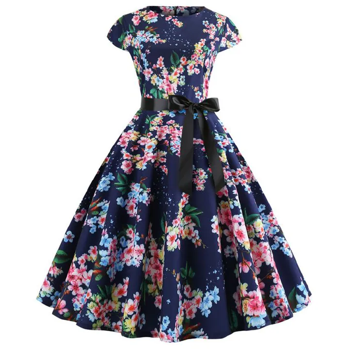 New Vintage Printed Short Sleeve Hepburn Pattern Women Dresses Lace Up Lady Evening Dress Girls Party Medium Big Swing Skirt