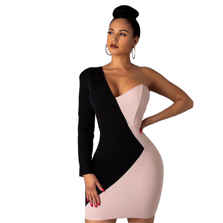 Fashion Women's Dresses Elegant Bodycon Long Sleeve Stitching One Shoulder Dress Party Ladies Dress
