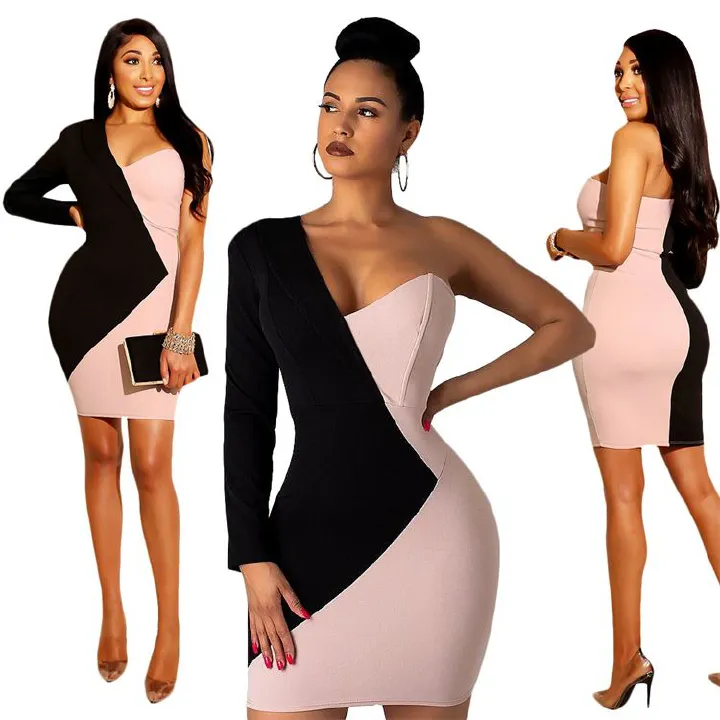 Fashion Women's Dresses Elegant Bodycon Long Sleeve Stitching One Shoulder Dress Party Ladies Dress