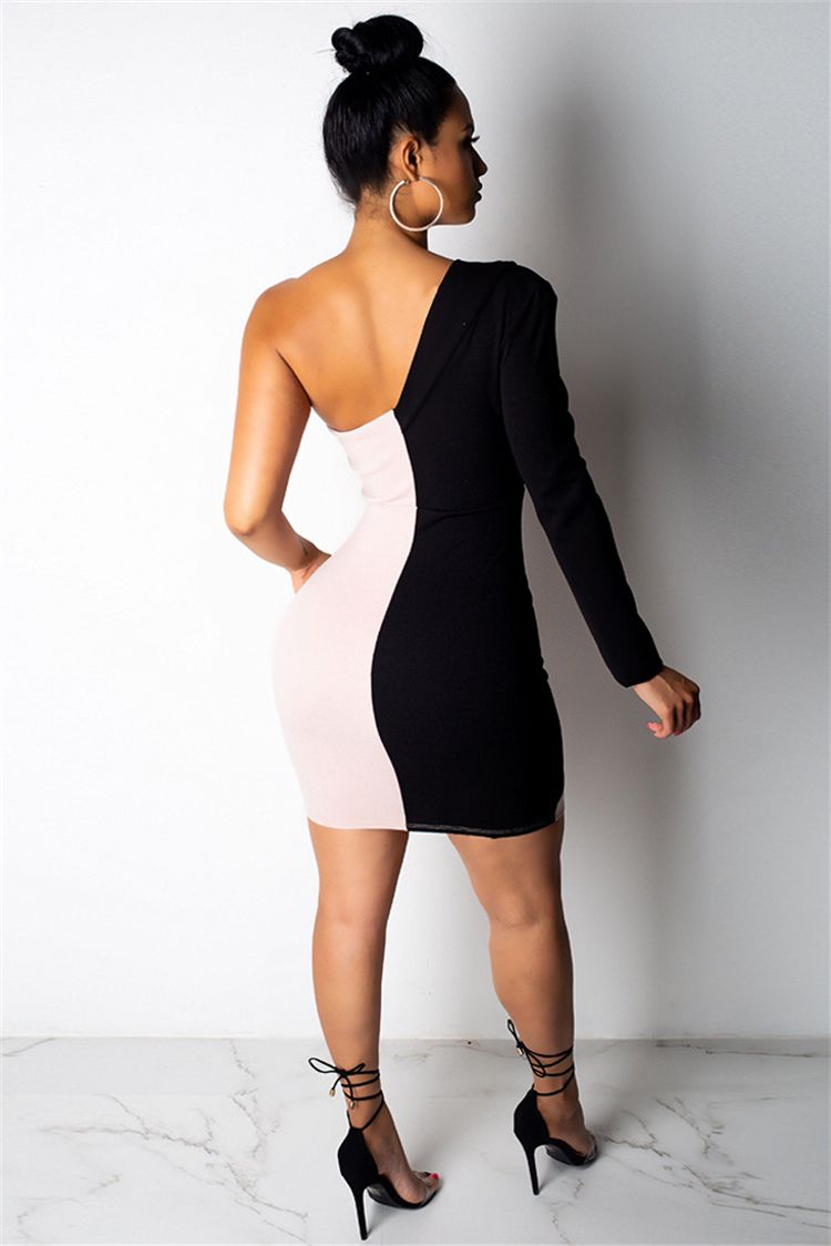 Fashion Women's Dresses Elegant Bodycon Long Sleeve Stitching One Shoulder Dress Party Ladies Dress