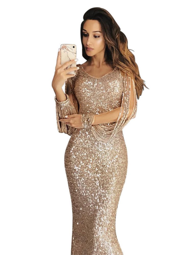 Sexy Personalized Lady Evening Dress Squins Tassels Long Girls Skirt Lady Concert Party Cotton Dress