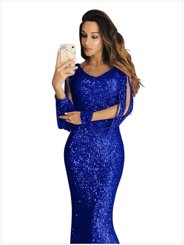 Sexy Personalized Lady Evening Dress Squins Tassels Long Girls Skirt Lady Concert Party Cotton Dress