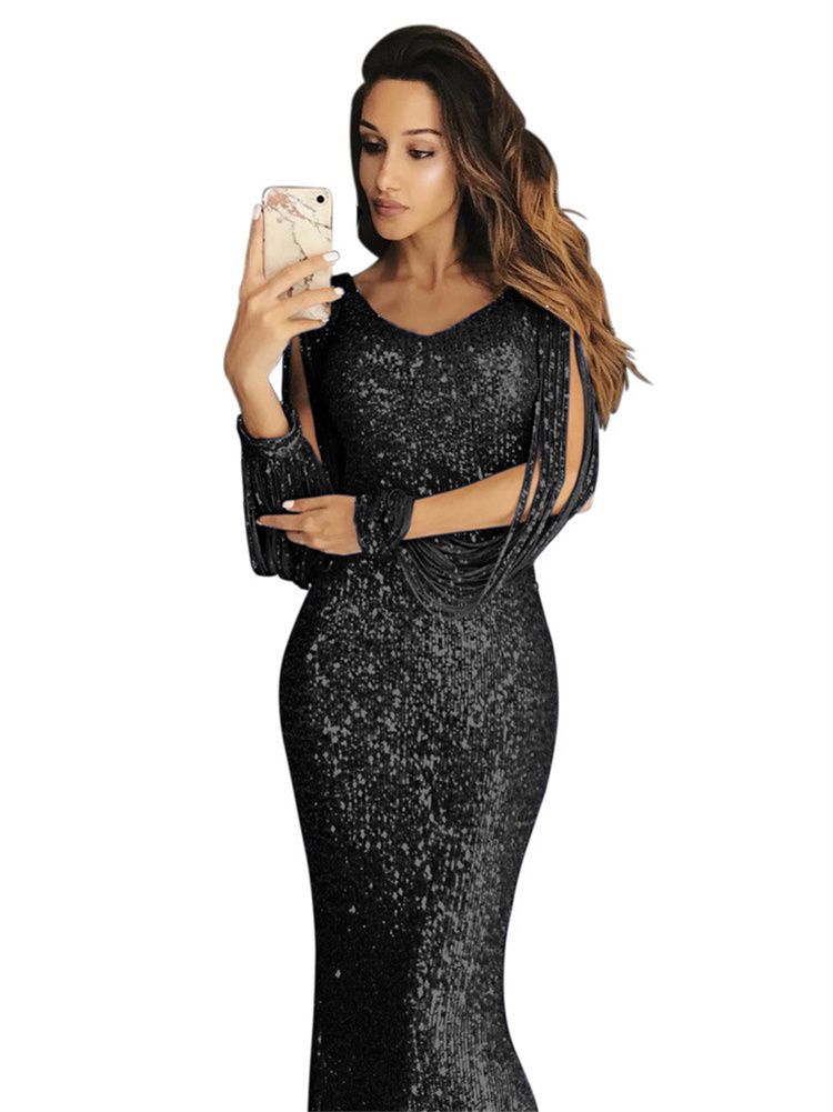 Sexy Personalized Lady Evening Dress Squins Tassels Long Girls Skirt Lady Concert Party Cotton Dress