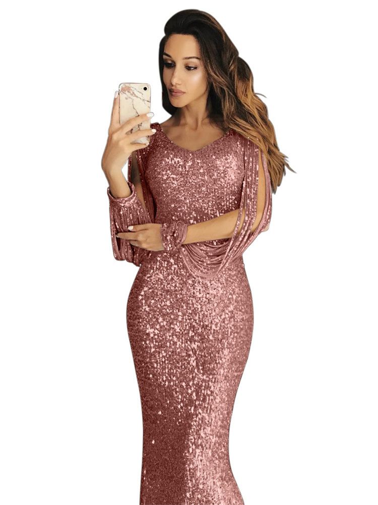 Sexy Personalized Lady Evening Dress Squins Tassels Long Girls Skirt Lady Concert Party Cotton Dress