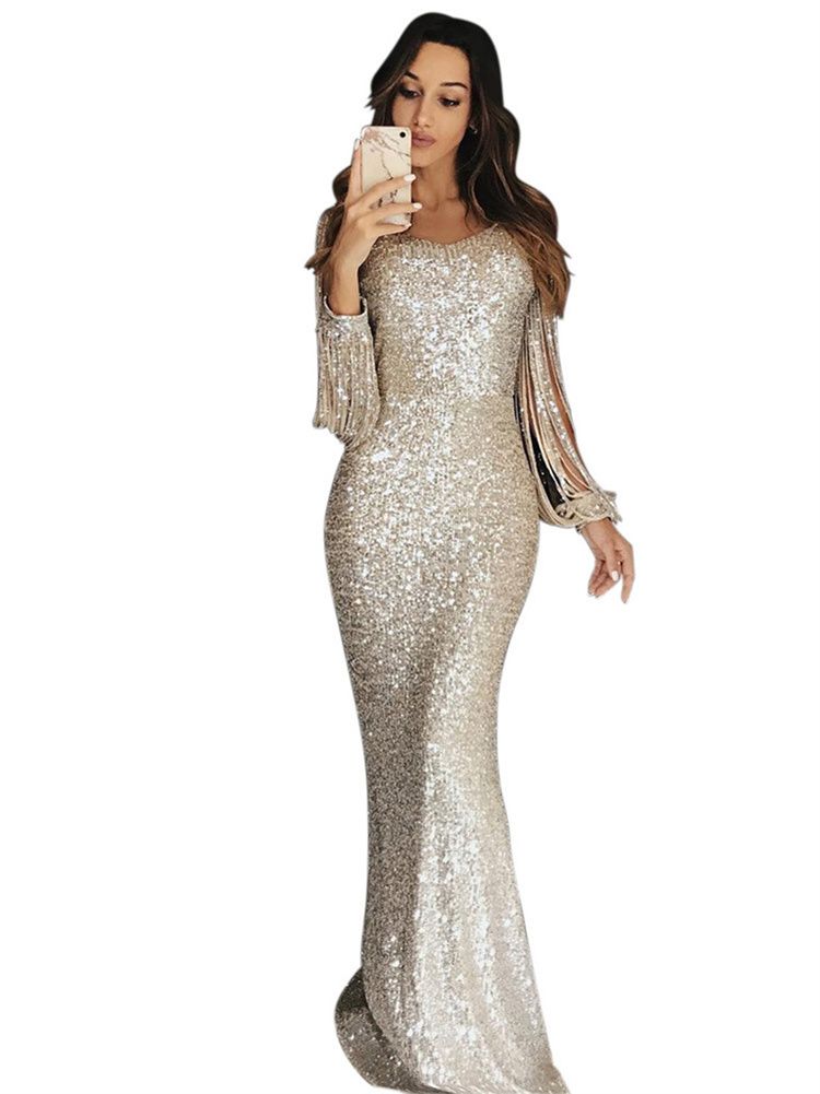 Sexy Personalized Lady Evening Dress Squins Tassels Long Girls Skirt Lady Concert Party Cotton Dress