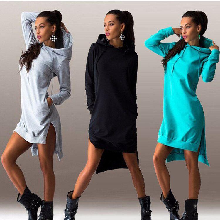 Women Long Sleeve Autumn Winter Ladies Hoodie Dress Casual Hooded Pockets Sportwear