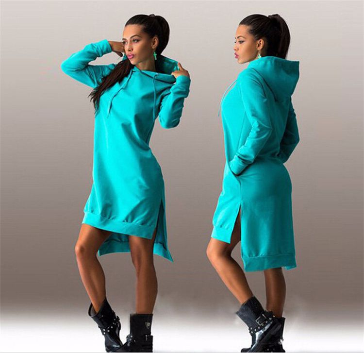 Women Long Sleeve Autumn Winter Ladies Hoodie Dress Casual Hooded Pockets Sportwear