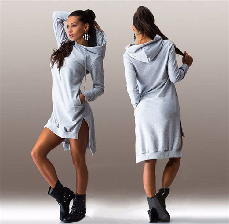 Women Long Sleeve Autumn Winter Ladies Hoodie Dress Casual Hooded Pockets Sportwear