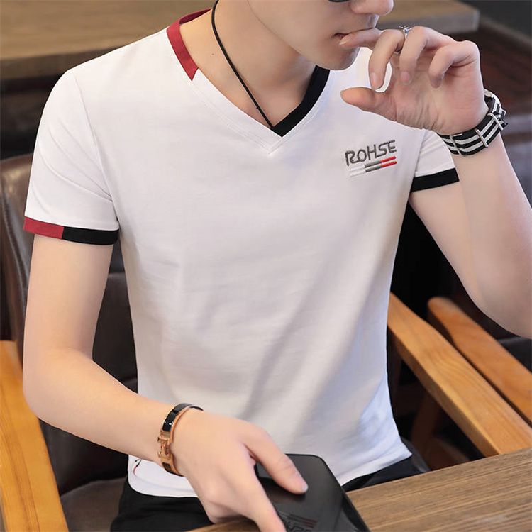 Fashion Men Casual T Shirts Print Tops V neck Slim Tees Shirt Summer Mens T-shirts