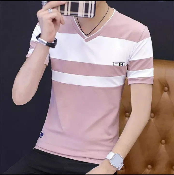 Fashion Men Casual T Shirts Print Tops V neck Slim Tees Shirt Summer Mens T-shirts