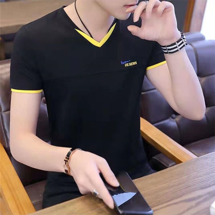Fashion Men Casual T Shirts Print Tops V neck Slim Tees Shirt Summer Mens T-shirts