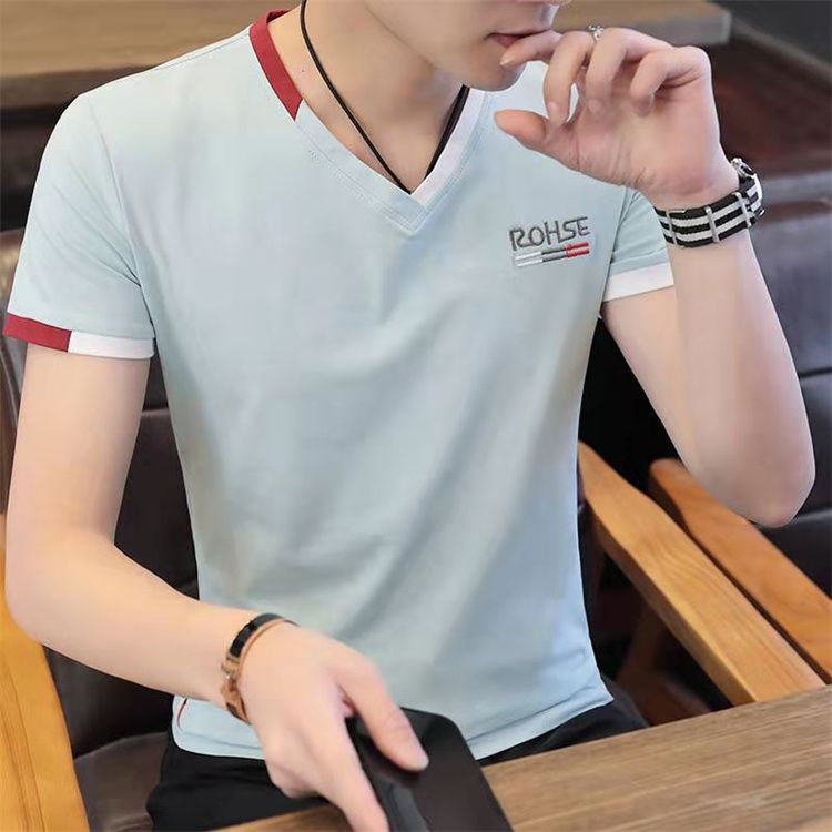 Fashion Men Casual T Shirts Print Tops V neck Slim Tees Shirt Summer Mens T-shirts