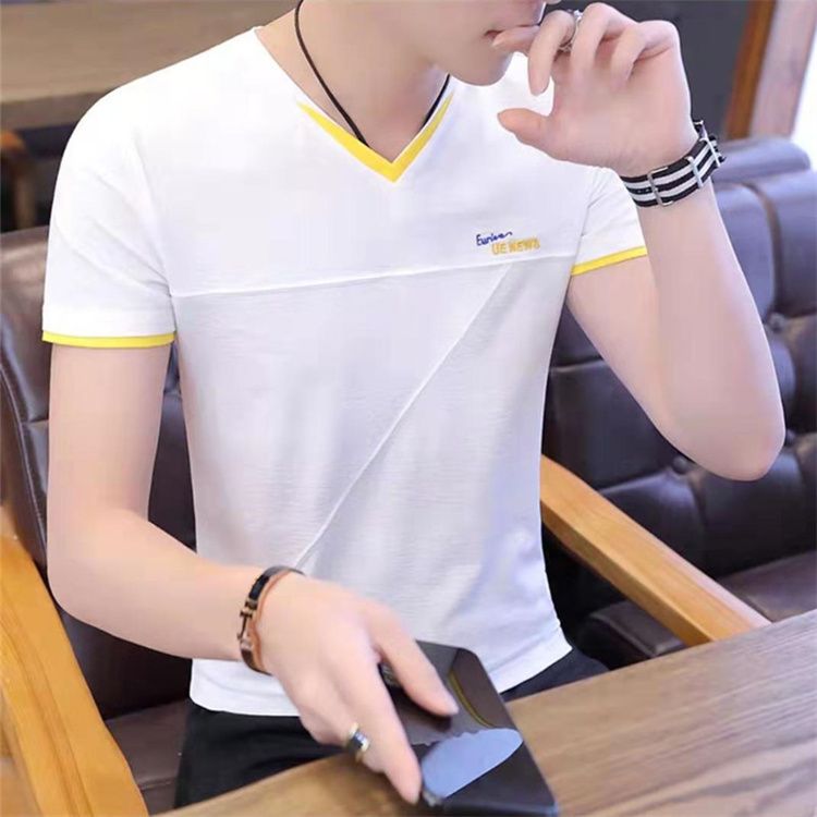 Fashion Men Casual T Shirts Print Tops V neck Slim Tees Shirt Summer Mens T-shirts