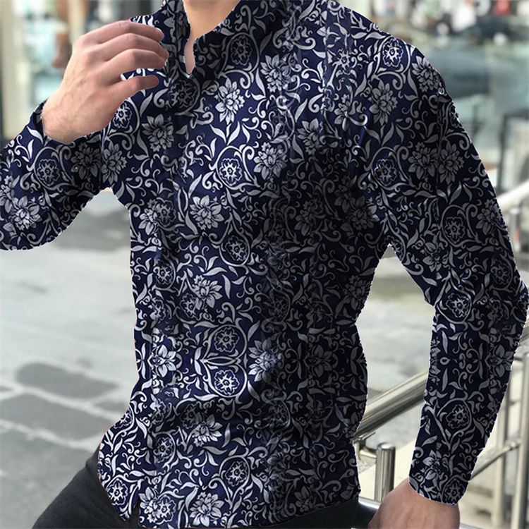 Printed men's casual flower slim men's long-sleeved shirt