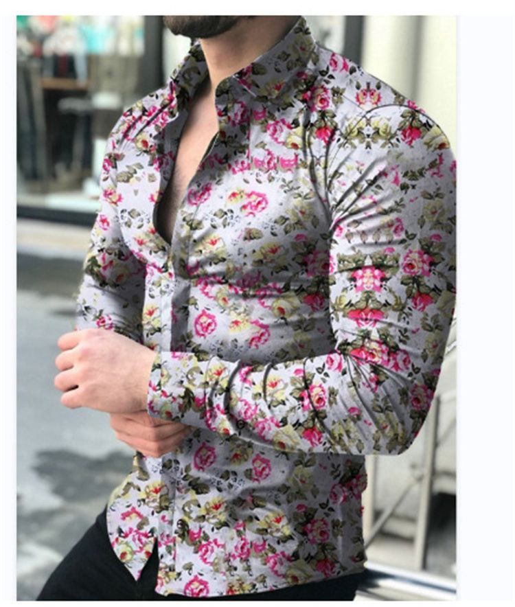 Printed men's casual flower slim men's long-sleeved shirt