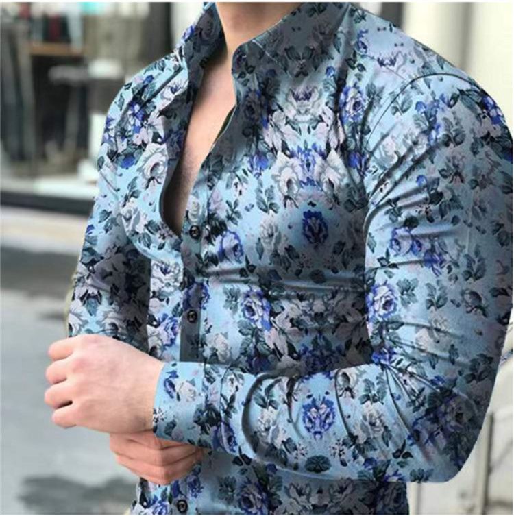 Printed men's casual flower slim men's long-sleeved shirt