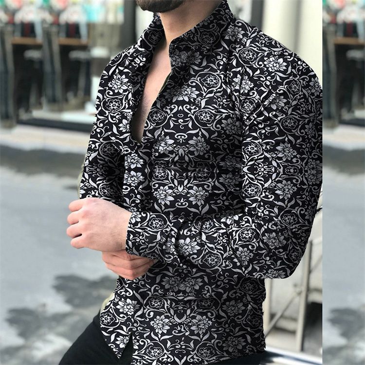 Printed men's casual flower slim men's long-sleeved shirt