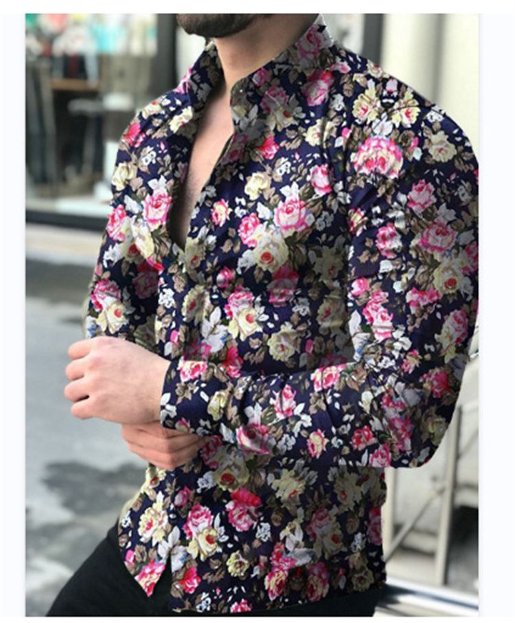 Printed men's casual flower slim men's long-sleeved shirt