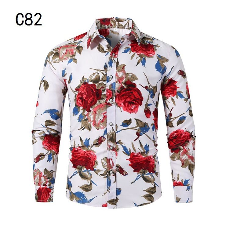 Floral Printing Slim Button Lapel Long Sleeve Business Tops Blouse Casual Shirt